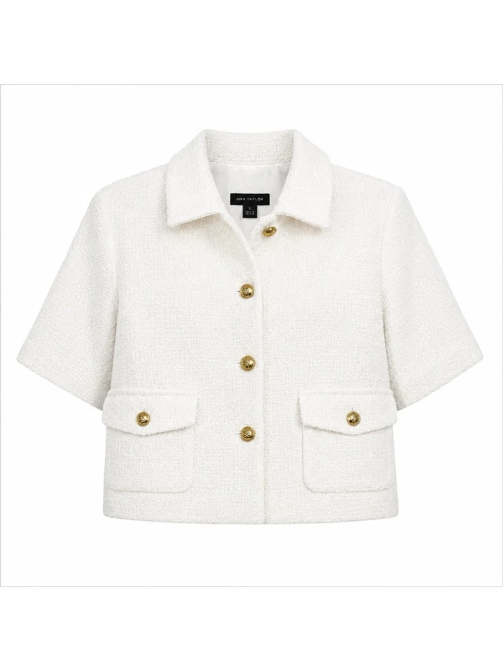 Ann Taylor White Bouclé Cropped Boxy Shimmer Short Sleeve Jacket Blazer 16 NWT